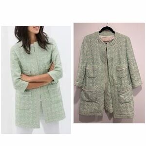 Zara Textured Mint Tweed Coat | Bouclé Spring Jacket | Size L
